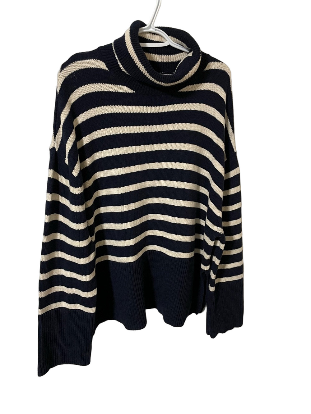 GAP Navy and Cream Striped Cowl Neck Cotton Sweater Size Large